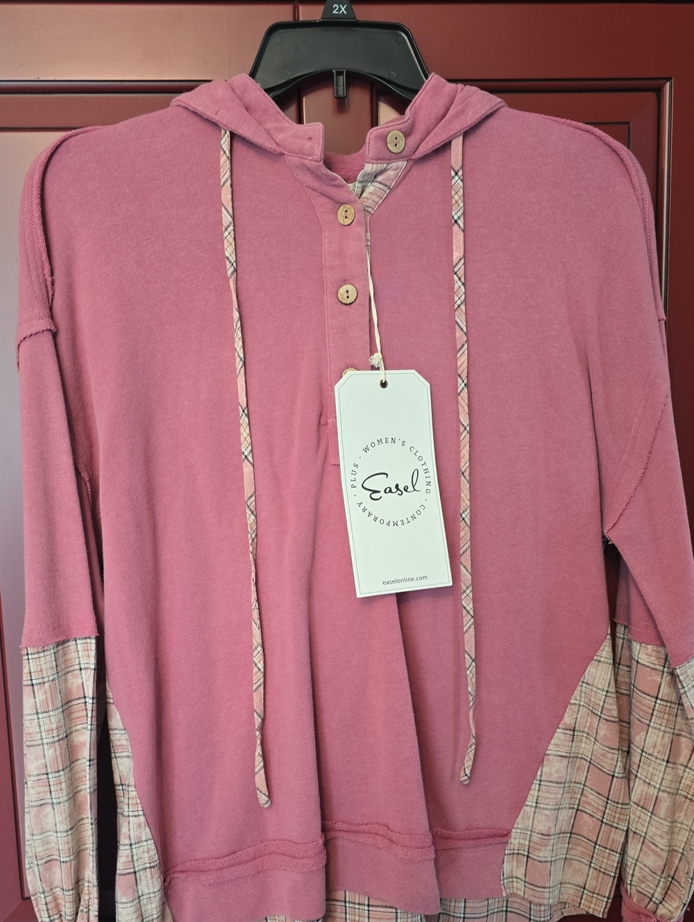 easel Rose-Pink Hoodie Sweater with Plaid Trim